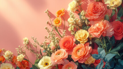 vibrant arrangement of colorful flowers including roses, daisies, and greenery against soft pink background, creating cheerful and fresh atmosphere