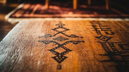 Intricate Tribal Patterns Carved on Wooden Table Surface in Natural Light