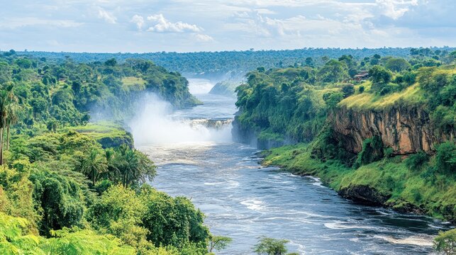 Breathtaking Murchison Falls National Park, Uganda: A Panoramic View of the Mighty Nile River Cascading Through Lush Green Cliffs and Foamy Rapids.