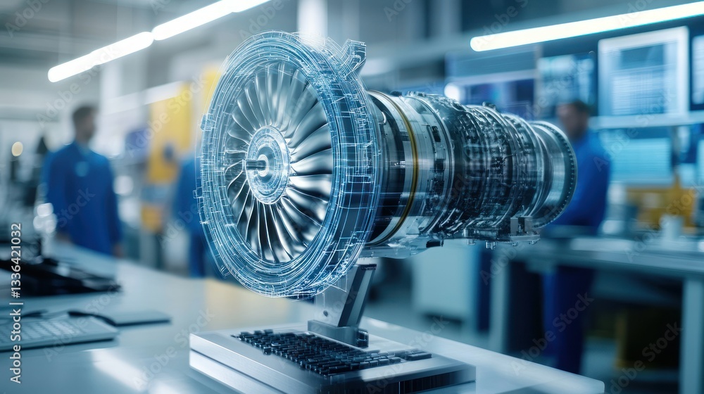 Poster detailed engineering visualization showcases an aircraft turbine engine in a workshop