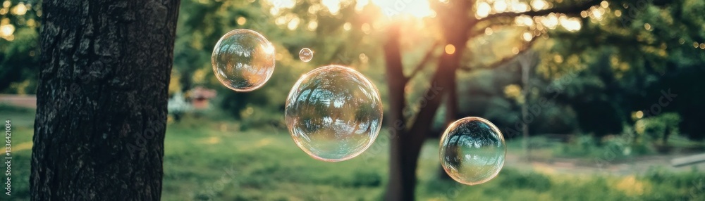 Aufkleber bubbles float in a sunny park near a large tree trunk