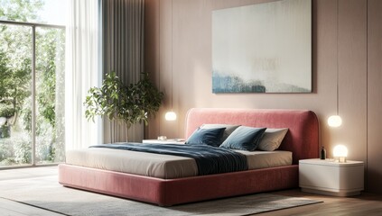 Modern bedroom with blush pink bed, large windows, and natural light.  A minimalist aesthetic featuring a serene atmosphere