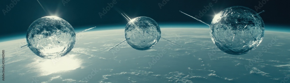 Poster three spherical spacecraft orbiting earth in deep outer space