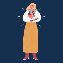 Cartoon vector illustration of a woman embracing a dog, sharing a heartwarming moment of love and affection against dark background.