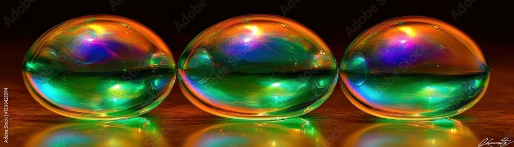 Poster three transparent orbs reflecting different colors with an artistic flair