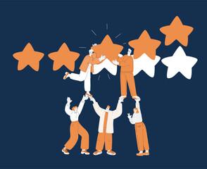 Cartoon vector illustration of people assisting one another by giving five-star ratings, symbolizing teamwork and support in decision-making against dark background.