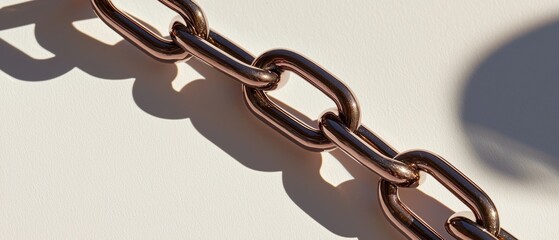 Close-up of a chain. the chain is made up of multiple links, each with a small loop at the end. the links are shiny and appear to be made of metal.