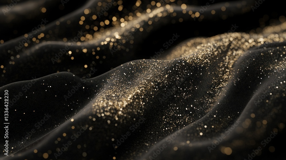 Poster abstract rendered fabric with golden glitters and flowing waves