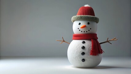 A cheerful winter snowman figurine, wearing a cozy red knit hat and matching scarf, stands on a simple white surface against a neutral background.