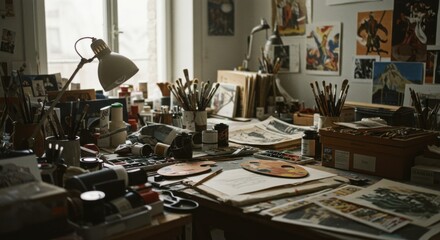 Cluttered Artist's Studio: Film, Paint, and Sketches