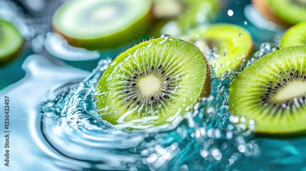 Poster sliced kiwis immersed in clear water creating splashes and droplets