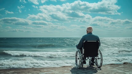 Fototapeta premium Rear view of a man sitting in a wheelchair and enjoying the sea view. Elderly man with an injury and disability in a wheelchair on a walk.