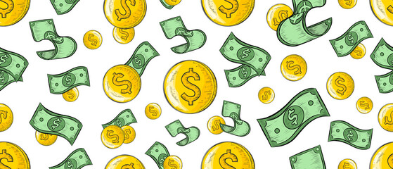 Vector Vintage Hand Drawn Dollars Seamless Pattern USA Dollar Texture. Can be used as wallpaper, wrapping paper, banner or card template, background or else. Economy Concept Repeatable Pattern Design.