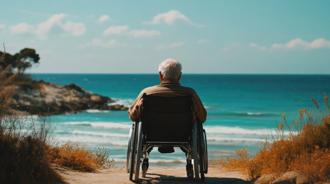 Rear view of a man sitting in a wheelchair and enjoying the sea view. Elderly man with an injury and disability in a wheelchair on a walk.