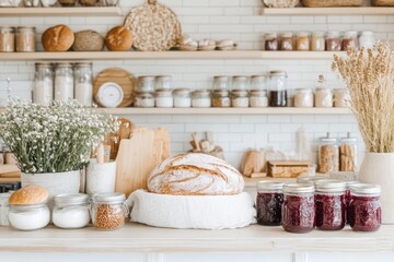 A freshly baked loaf of bread sitting beside jars of homemade jam, styled with a backdrop of a farm kitchen