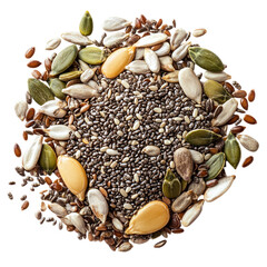 A mix of dried seeds including pumpkin, flax, chia, and sunflower, isolated on a white transparent background.
