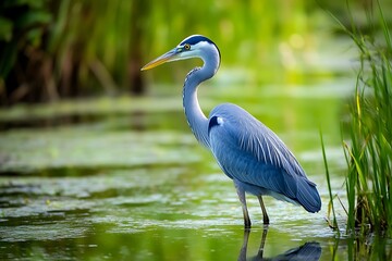  dazzling poise of azure bird posed in rich wetland its lengthy limbs mimicking narrow reeds and serene pools while giving off a mood of tranquil pondering in this space  
