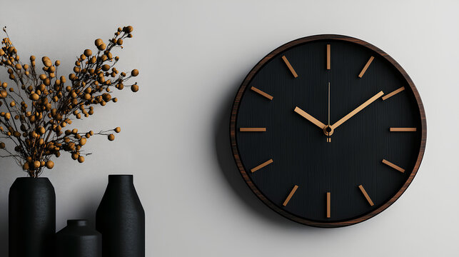 Black clock with gold hands on white wall with vases