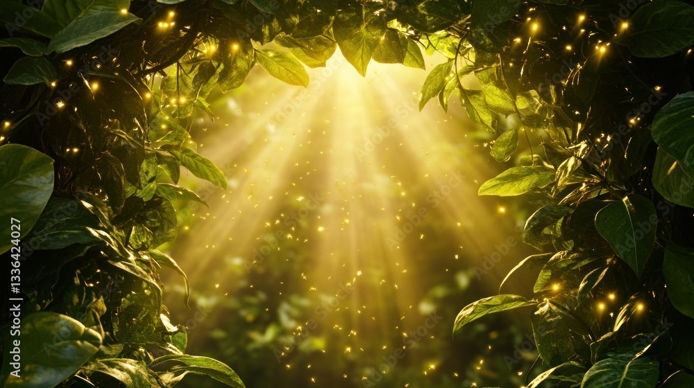 Poster sunlight shines through leaves with glittering particles within a forest
