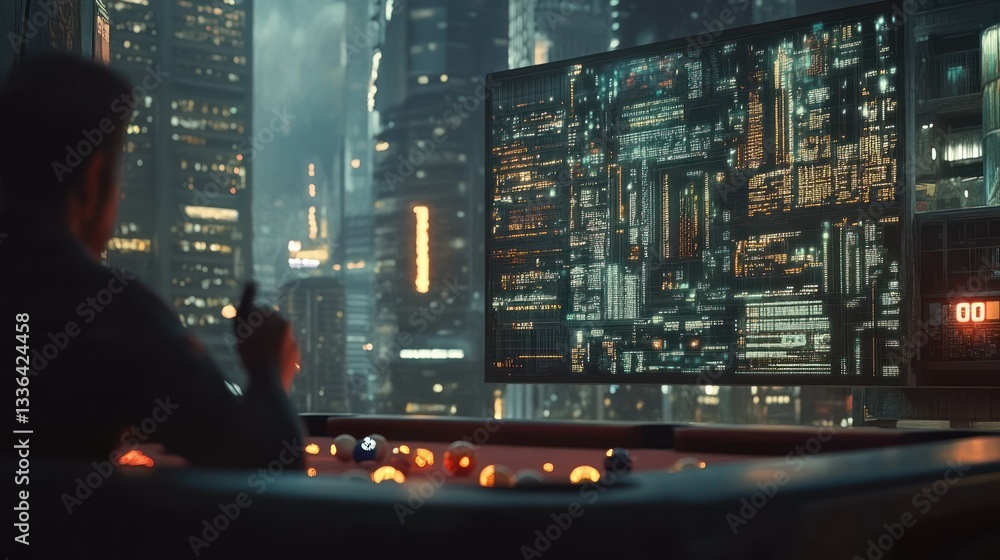 Poster a person playing pool in a futuristic city setting