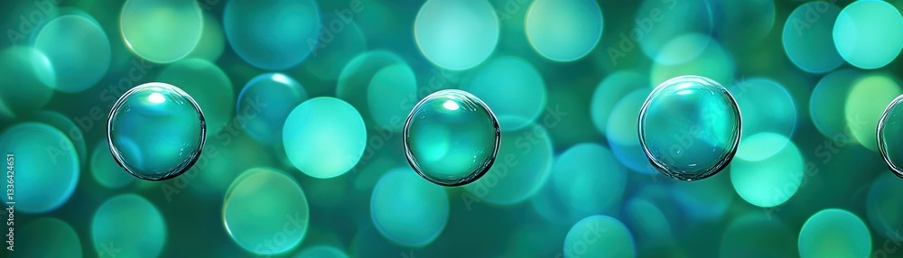 Poster transparent spheres float above a vibrant background of blurred circles