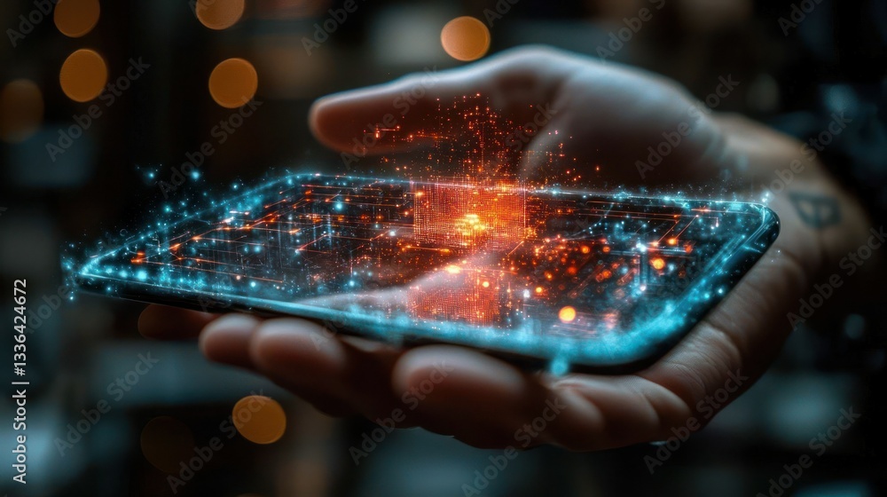 Poster a hand holds a mobile phone displaying digital information