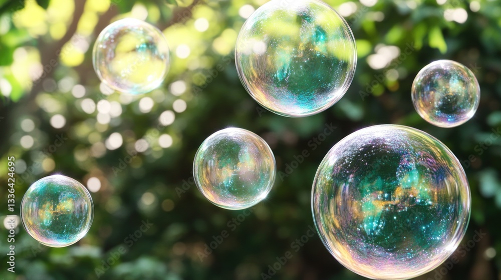 Poster Transparent bubbles floating in front of a green leafy background