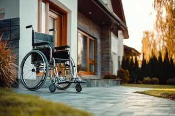 Empty wheelchair standing near the house. A means of transportation for people with disabilities.