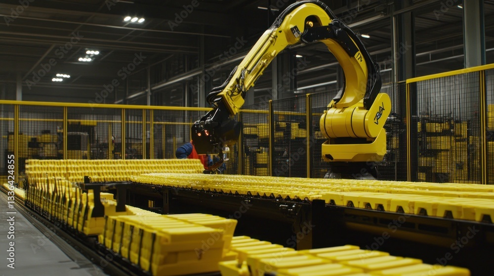 Poster a robotic arm transports yellow containers along a factory production line