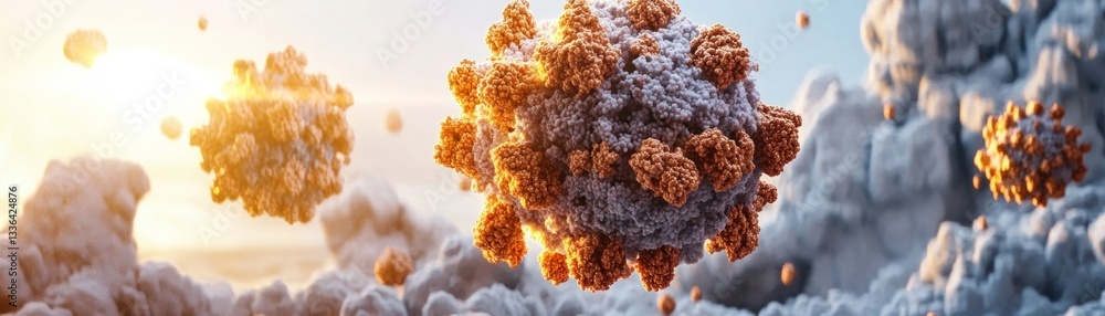 Poster Realistic microscopic rendering depicts multiple viral pathogen particles floating