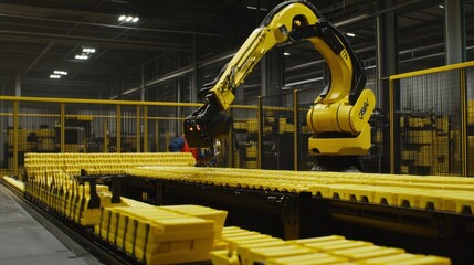 A robotic arm transports yellow containers along a factory production line