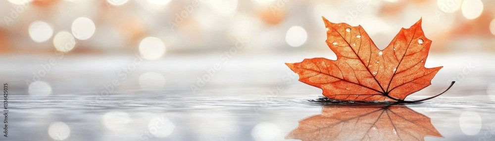 Poster an orange maple leaf sits in water with a reflective image