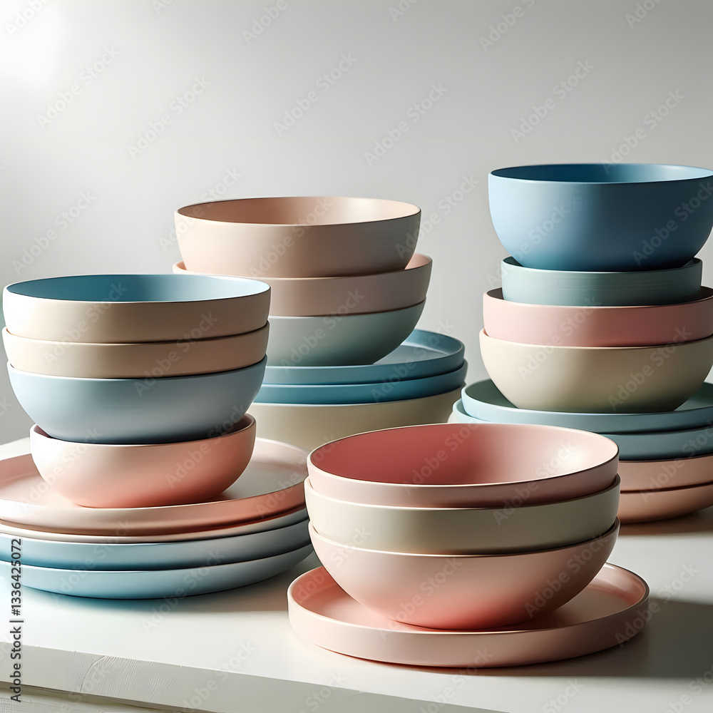Poster pastel bowls and plates stacked neatly on a white surface, soft colors and clean lines creating a mi