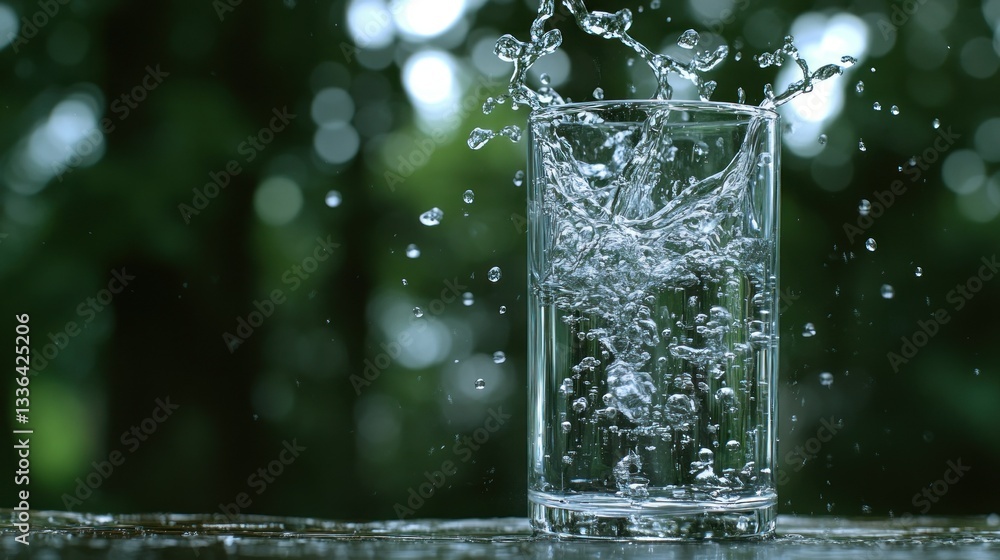 Poster clear water splashing and creating a unique wave effect inside a glass
