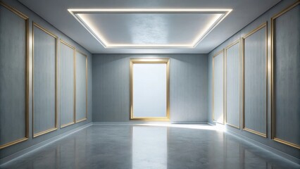 Fototapeta premium Elegant Empty Room with Gilded Wall Panels and Polished Concrete Floor, Ideal for Displaying Artwork or Design Concepts