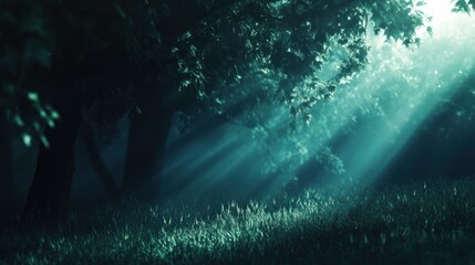 Fototapeta premium Sunlight Streams Through Forest Canopy Onto Grassy Forest Floor