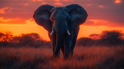 Obraz premium African Elephant in Savanna Sunset with Dramatic Red Sky