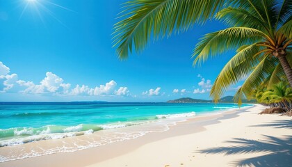 Fototapeta premium Tropical Beach Paradise Palm Trees Clear Blue Sky - Travel Marketing Vacation Promotions