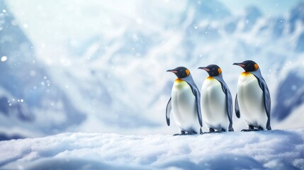 Three Penguins Standing on Snow in a Snowy Mountain Landscape