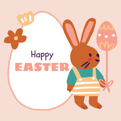 A joyful Easter illustration featuring a cute bunny holding a decorated egg, perfect for Easter holiday designs. Ideal for social media templates, greeting cards, gift cards, prints, invitations.