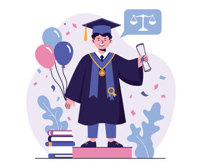 "Minimalist Vector Illustration of a Celebrating Law Graduate with Scales of Justice"