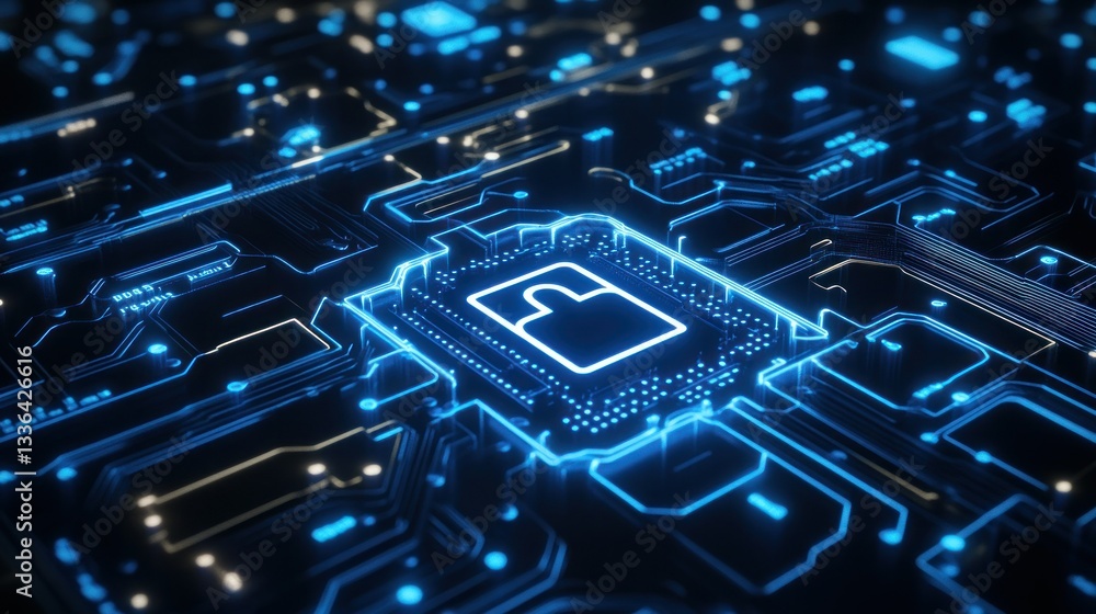 Poster glowing blue circuit board displaying a digital lock symbol on it