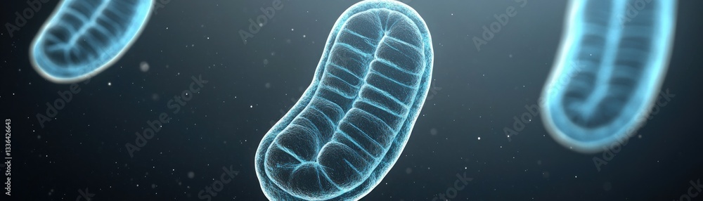 Poster Three translucent cellular structures floating against a dark background