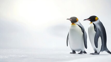 Fototapeta premium Two Emperor Penguins Standing Together on Snowy Antarctic Landscape