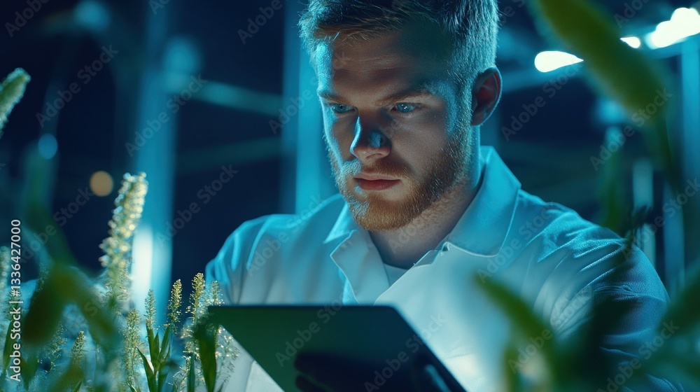 Poster Scientist Studying Plants Using Tablet Device In A Laboratory