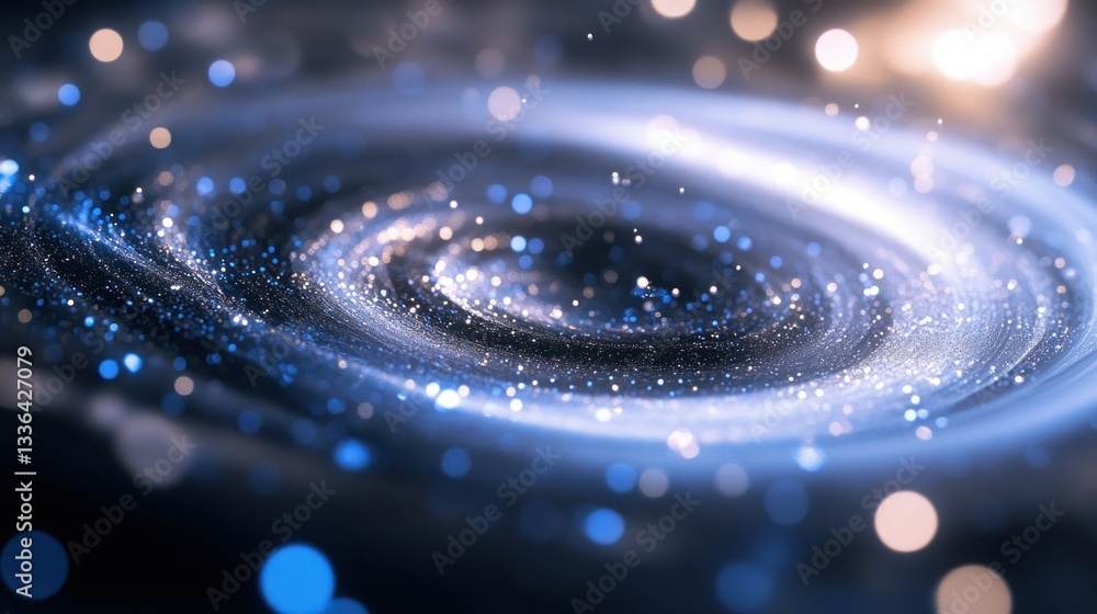 Poster a vibrant spiral galaxy with luminous particles is displayed