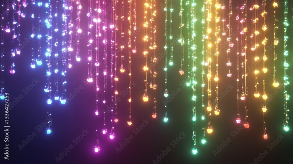 Poster Glowing colorful strings of lights descending from the darkness above