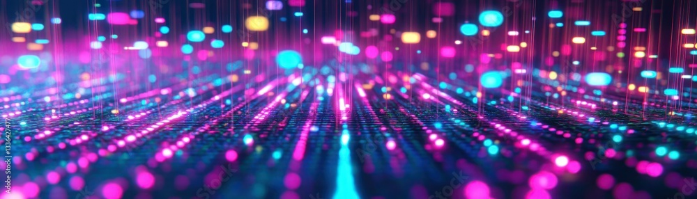 Poster abstract digital landscape filled with flowing colorful illuminated lights