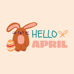 Adorable Easter illustration of a fluffy and cute bunny by a decorated Easter egg and 