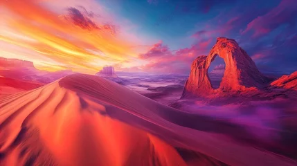 A stunning desert landscape showcasing vibrant colors at sunset, featuring rolling sand dunes in the foreground and majestic rock formations, including an arch, in the background. The sky is ablaze wi
